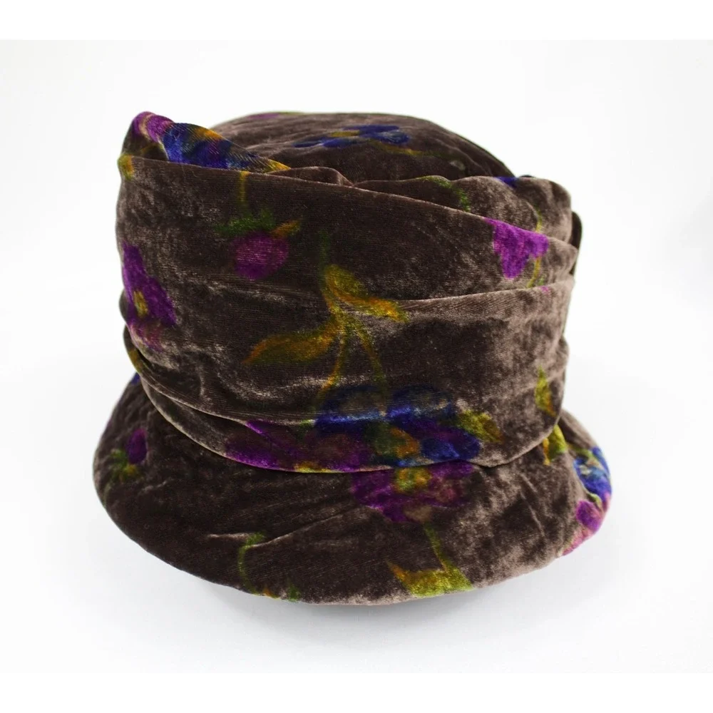 Vintage Liz Claiborne Brown Floral Velvet Bucket Hat w Bow OS Grannycore‎